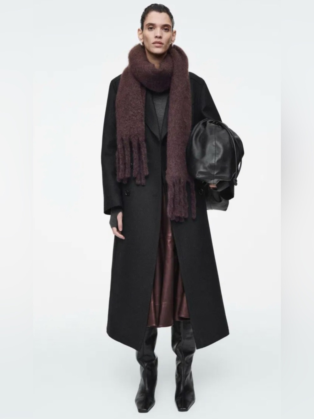 COS mohair wool fringed brushed scarf burgundy deep plum chunky oversized fuzzy - Picture 12 of 14